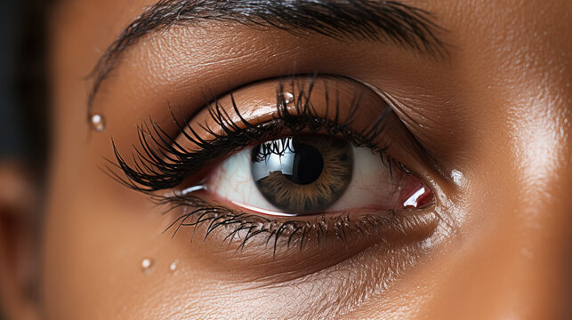 A close-up of a black woman with oily eye makeup and long thick eyelashes has water drops.