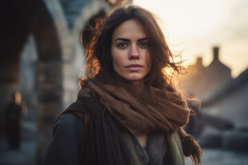 Naklejka premium Pensive female tourist in front of a landmark. Generative AI.