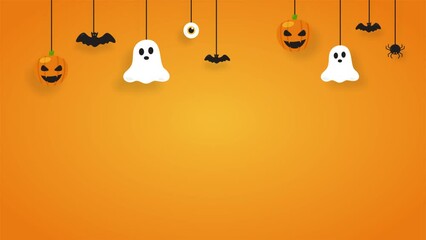 Animated orange background with Halloween ornaments. Halloween animation with copy space background area.
