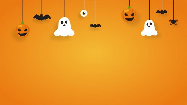 Animated orange background with Halloween ornaments. Halloween animation with copy space background area.