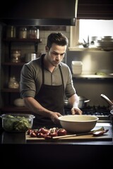 portrait of a handsome man preparing food in the kitchen