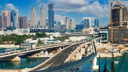 Obraz premium Aerial view of Dubai from Palm Jumeirah island, United Arab Emirates. panorama