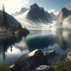 Fototapeta na wymiar Lake in the Mountains, snow, rocks, trees