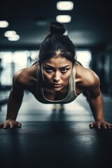 Fototapeta na wymiar shot of a young woman doing pushups during her workout at the gym