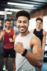 Fototapeta na wymiar shot of a young man giving thumbs up while working out with his friends