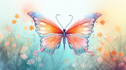  a colorful butterfly flying over a field of flowers and grass.  generative ai