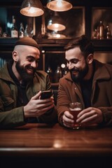 two friends chatting over drinks and using their phones