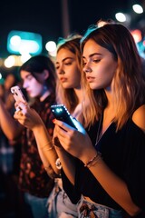 shot of two young women using their cellphones while waiting in line at a concert