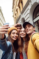 travel, happy and selfie with friends on holiday together in the city having fun