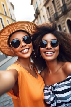 Travel, Friends Selfie And Black Woman In The City For Holiday, Adventure Or Cruise