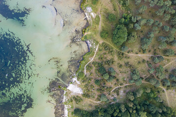 Aerial view of maritime sea landscape, seascape. Wild nature and water. Stones, grass and water. Untouched nature. National nature reserve, national park.
