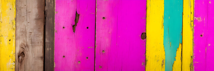 Texture of vintage wood boards with cracked parts pink, yellow and blue