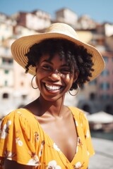 happy, portrait and black woman with smile on vacation, holiday or trip in italy
