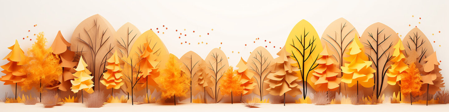 a row of yellow trees autumn panoramic drawing cartoon background.