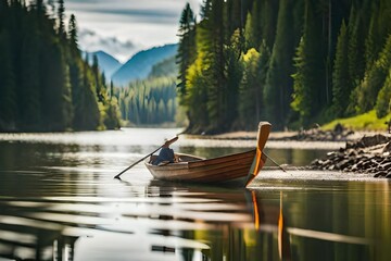 canoe on lake - obrazy, fototapety, plakaty