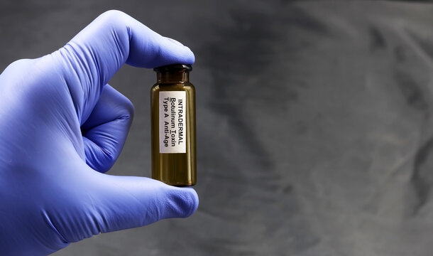 Hand with blue glove holding a bottle of Botulinum toxin type A for intradermal injection on a dark background.