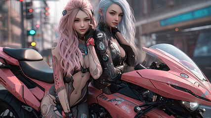 Fototapeta na wymiar Two female friends with their high tech superbike outdoor in a big futuristic dystopian city - Generative AI