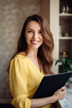 happy, smile portrait and woman with tablet for communication, profile picture or wifi at home