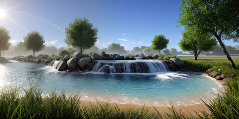 Landscape Scenery Scenic River Water Flowing Into The Pond Spring Summer Green Foliage Of Trees