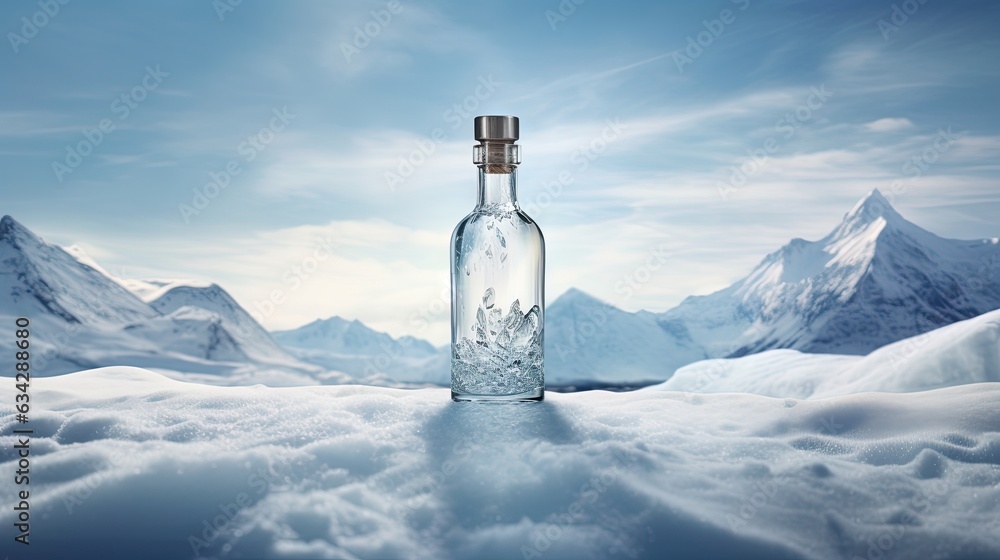 Poster a bottle of water sitting on top of a snow covered ground. generative ai