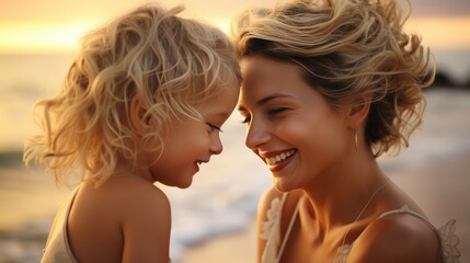 Cool modern beautiful mother with child laughing and looking with each other at the beach with sunset. created by generative AI technology. - Powered by Adobe