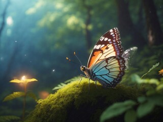 Obraz premium A delicate, iridescent butterfly fluttering through a sun-dappled forest