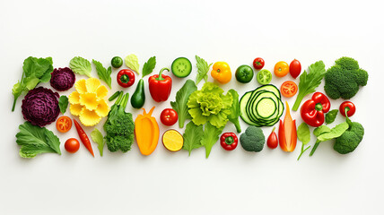 a row of vegetables and fruits collage isolated on a white background.