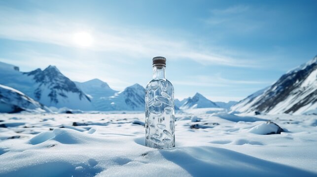  a bottle of water sitting on top of snow covered ground.  generative ai