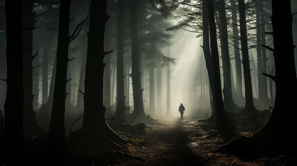 landscape misty path in the forest in the rays of the sun at dawn mysterious view.