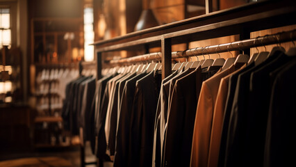 Naklejka premium Nice suits hanging neatly on hangers in a classic tailor shop
