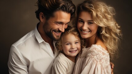 Happy modern and beautiful mom and young handsome dad, they laughing with their baby. created by generative AI technology.