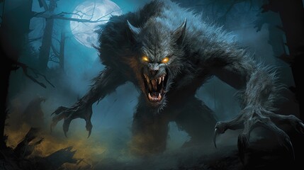  a demonic looking monster with glowing eyes in a forest at night.  generative ai