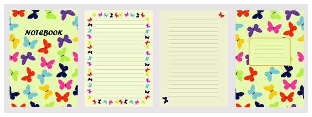 Patterned Notebook and pages layout with colorful butterflies - vector. Lined blank notebook pages. Patterned notebook template.