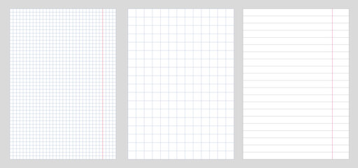 Checkered and lined notebook page. Seamless pattern of blank checkered and line pages. Square grid template. Geometric vector background.