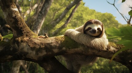  a sloth hanging from a tree branch in a forest.  generative ai