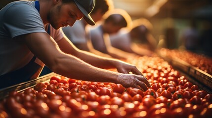 Workers sort tomatoes on a conveyor belt in a tomato factory. The food industry focuses on tomatoes.