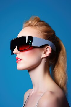 shot of a young woman wearing futuristic sunglasses against the blue background