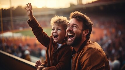 relationship concept picture of a father and his son cheer football team at grandstand.  