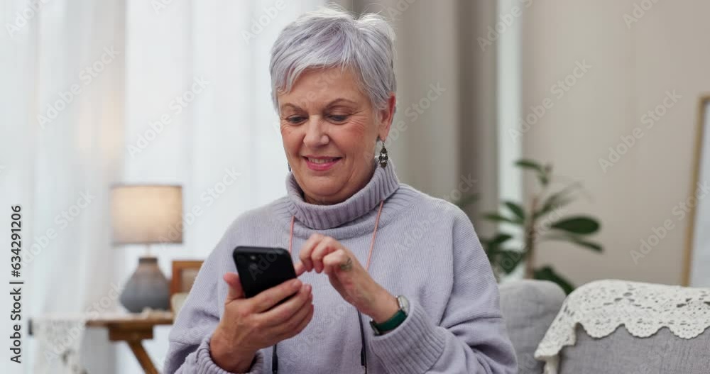 Sticker Senior woman, typing and cellphone on sofa with online app for communication with smile in home. Technology, reading and information with elderly female on website for streaming in living room.