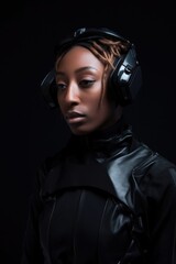 portrait of a beautiful young model wearing an all black futuristic outfit