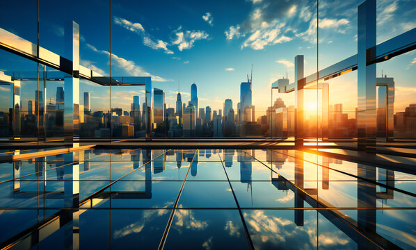 modern architecture and business, reflection of sky and sun in windows