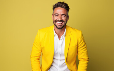 Ultra handsome Caucasian, smiling and laughing, wearing bright clothes. Bright solid yellow background. created by generative AI technology.