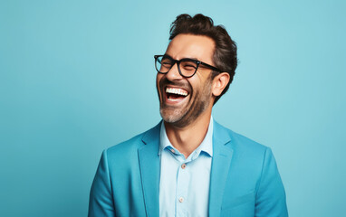 40 years old ultra handsome Caucasian, smiling and laughing, wearing bright clothes. Bright solid blue background. created by generative AI technology.