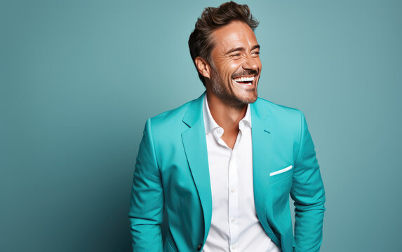40 years old ultra handsome Caucasian, smiling and laughing, wearing bright clothes. Bright solid blue background. created by generative AI technology.