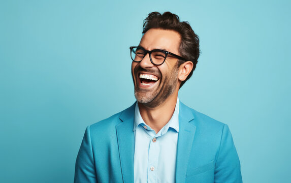 40 years old ultra handsome Caucasian, smiling and laughing, wearing bright clothes. Bright solid blue background. created by generative AI technology.
