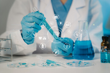 Lab work, Doctor holds a test tube takes the test from a test tube in analysis, blood, DNA, test...