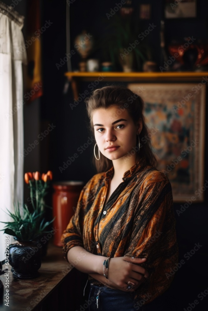 Sticker portrait of a young woman standing in her home