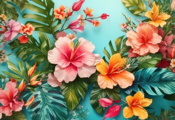 Fototapeta na wymiar Tropical spring background, banner with floral pattern