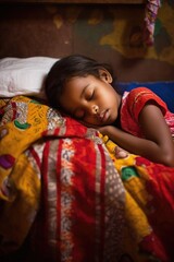a young girl sleeping on her bed in a community