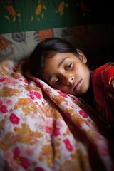 Fototapeta premium a young girl sleeping on her bed in a community